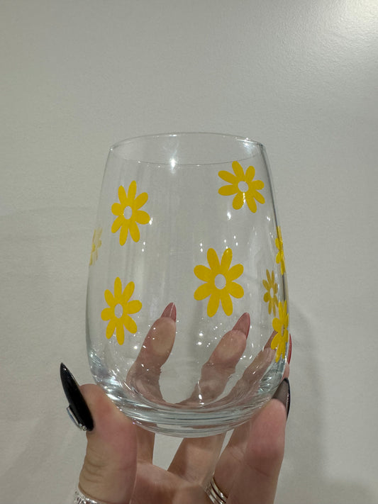 Yellow Flower Stemless Wine Glass